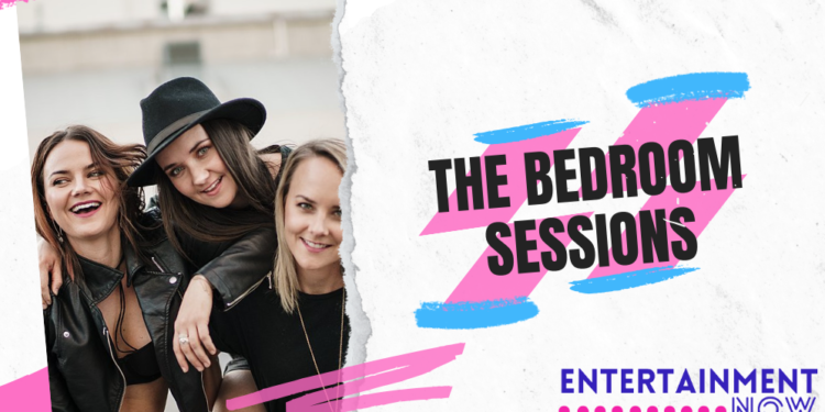 A graphic image from Entertainment Now's YouTube series The Bedroom Sessions showing pink and blue graphic scribbles and a picture of pop band Germein. Three sisters are stood in a car park looking at the camera wearing black and smiling