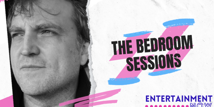 A graphic for The Bedroom Sessions showing the text in black over a pink and blue swoosh. There is a black and white image of James Walsh, he is looking off to the side and has dark hair falling over his forehead