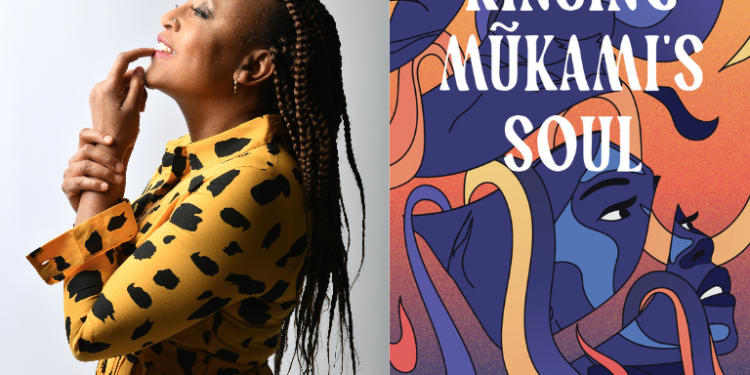 Author Njambi McGrath stands side on, looking up to the ceiling, she is wearing a yellow animal print dress