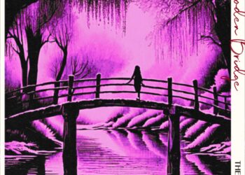 The cover art of The Sizzos single Wooden Bridge, it shows a black and purple illustration of a bridge of a stream in woodland