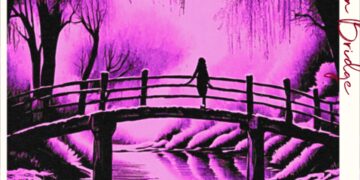 The cover art of The Sizzos single Wooden Bridge, it shows a black and purple illustration of a bridge of a stream in woodland