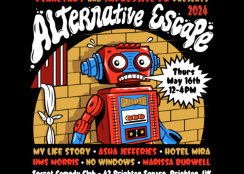 A promo image for the event, it is a cartoon of a red and blue robot stood in front of an orange brick wall