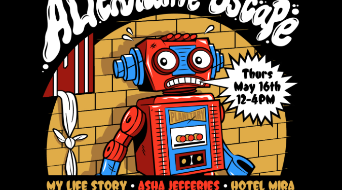 A promo image for the event, it is a cartoon of a red and blue robot stood in front of an orange brick wall