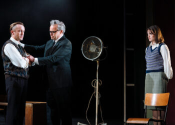 Tom Felton (Robert Edwards), Jamie Glover (Patrick Steptoe), Meg Bellamy (Jeasn Purdy) - A Child of Science_Bristol Old Vic_Helen Murray_159