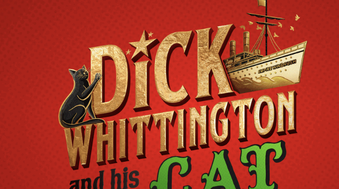 Logo-style poster for “Dick Whittington and His Catford Cat,” featuring a black cat and a ship illustration on a red background.