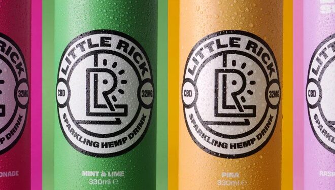 cans of Little Rick CBD in differing colours with the Little Rick logo in the middle